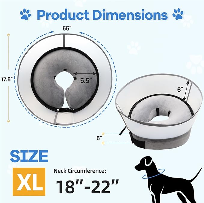 2-in-1 Upgraded Inflatable Dog Cone Collar with Detachable Anti-Licking Shield, Soft Adjustable Elizabethan Collar for Dogs After Surgery (XL, Grey)