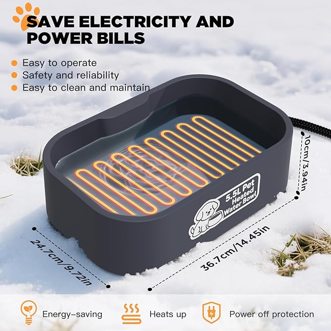 IPOW Extra Large Heated Water Bowl - 5.5L Outdoor Heated Dog Bowl with Long Cord, Keep Water Warm at 77-95℉ for Cats Dogs Rabbit Chicken Duck, BPA-Free, Gray, Rectangular, 1.5 Gallons, 194 fl oz