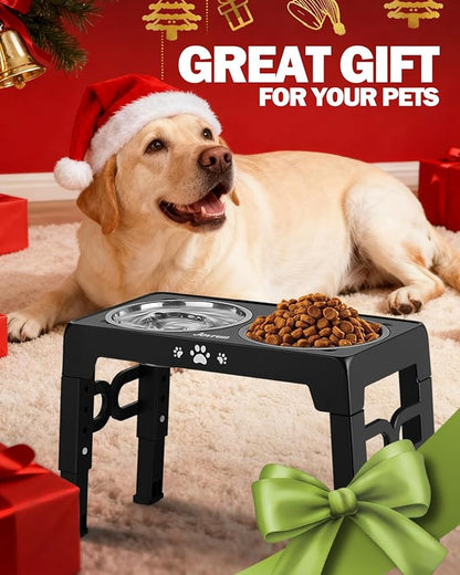 Jovrun Elevated Dog Bowls for Medium Large Size Dogs, Non-Slip Dog Feeder with 1*Stainless Steel Dishes & 1*Slow Feeder Bowl, 5 Heights Adjustable Raised Bowls to 3.15″-8.66″-9.84″-11.02″-12.2″