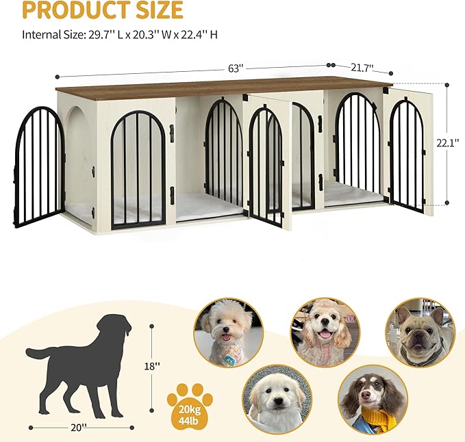 Hzuaneri 63" Dog Crate Furniture for 2 Dogs, Heavy Duty Indoor Dog Kennel TV Stand, L Wooden Dog Cage with Divider for Medium Large Dogs, End Table Dog Crate with Cushion, White Brown DFC80914BV1