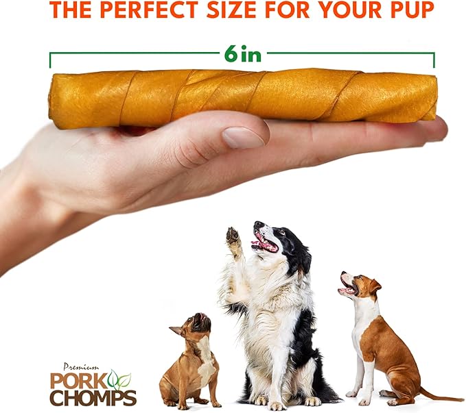 Pork Chomps Dog Chews, Roasted Pork Skin, 6-inch Twists | 15 Count | Pack of 2