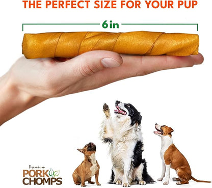 Pork Chomps Dog Chews, Roasted Pork Skin, 6-inch Twists | 15 Count | Pack of 2