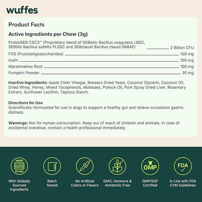 Wuffes Daily Probiotic for Dogs - Supports Digestive Health, Gut Balance, and Immune System - with Prebiotics, Marshmallow Root, and Pumpkin Powder (120 Chews (Pack of 2))