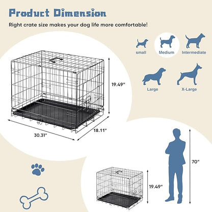 DUMOS Dog Crate, 30 Inch Medium Size Single Door Dog Cage with Plastic Leak-Proof Pan Tray, Folding Small Metal Wire Pet Kennel for Indoor, Outdoor, Travel