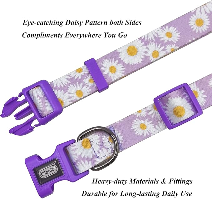 Dog Collar Leash Set, Floral Pattern, Polyester Material, Adjustable Collar and 5ft Matchcing Leash, for Puppy Dogs.(XS, Light Purple Daisy)