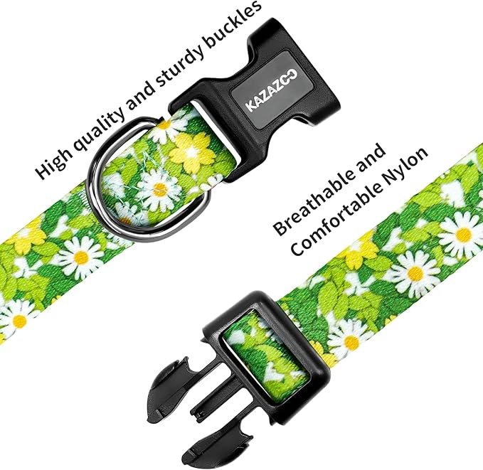 Kazazoo Dog Collar Cute and Soft Nylon Puppy Collar for Boy and Girl, Adjustable Dog Collars for Small Medium Dogs, Green Daisy-XS