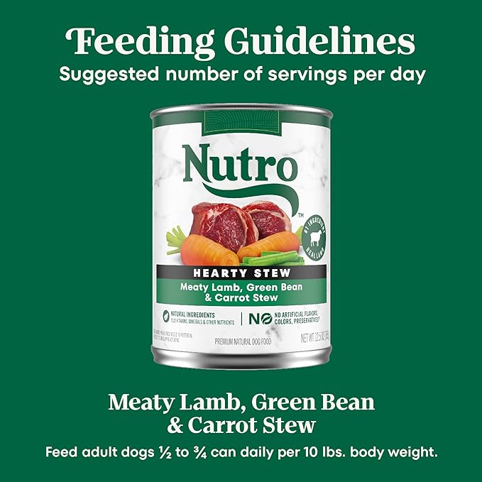 Nutro Hearty Stew Canned Wet Dog Food, Natural Grain Free Dog Food Wet Cuts in Gravy Meaty Lamb with Green Bean & Carrot Stew, 12.5 oz Cans (12 Count, Pack of 1)