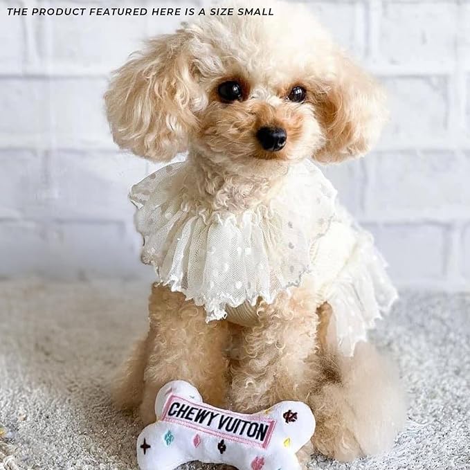 Haute Diggity Dog Chewy Vuiton Bone Plush Squeaky Dog Toy, Soft Durable Designer-Inspired Stuffed Puppy Chew Toys for Small & Medium Dogs, Machine-Washable (White) Small