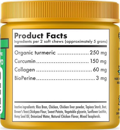 Turmeric Curcumin Hip & Joint Dogs Supplement Anti-Inflammatory Support for Arthritis & Mobility with Collagen & BioPerine Pain Relief Antioxidant Digestive Cardiovascular and Liver Health 120 Chews
