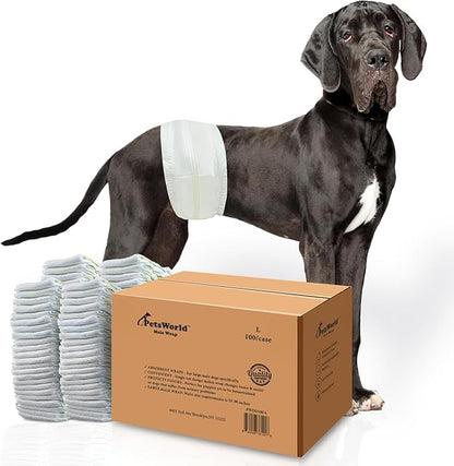 PetsWorld Dog Diapers Male Large 200 Count Disposable Male Dog Wraps – Super Absorbent Belly Bands with Wetness Indicator, Fur-Friendly Adjustable Fit for Incontinence & Training (Waist 21–30 in)