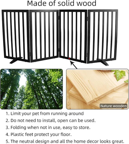 Dog Gate Indoor, Freestanding Dog Fence for The House, Doorways, Hallways,or Stairs,Pet Gate Foldable Wooden,Expandable 32" Height 4 Panels,Black