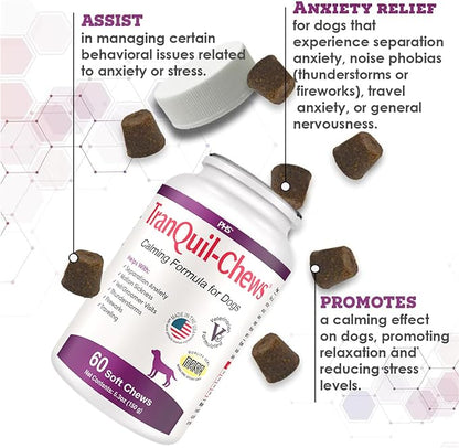 Tranquil-Chews Calming Formula for Dogs – Anxiety, Stress, Travel, Fireworks Relief – Chamomile, L-Tryptophan, Ginger – Beef Flavored Soft Chews – 60 Count – Supports Relaxation and Balanced Behavior