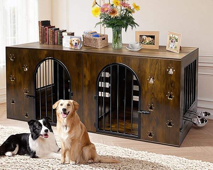 63" Dog Crate Furniture for 1 or 2 Dogs, Heavy Duty Single/Double Dog Kennel with Bowls, Farmhouse Wood Metal Dog Cage for Small/Medium/Large Dogs, Brown