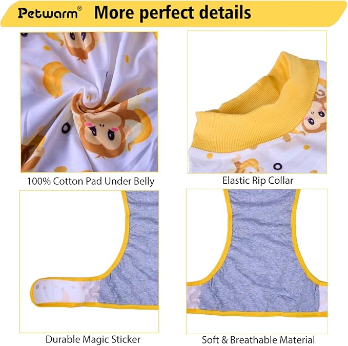 PetWarm Dog Surgical Suit, Recovery Suit for Dogs After Surgery, Collars and Cones Alternative Dog Abdominal Wounds Bandages, Onesies for Dogs, Monkey Pattern, Yellow, 2XL