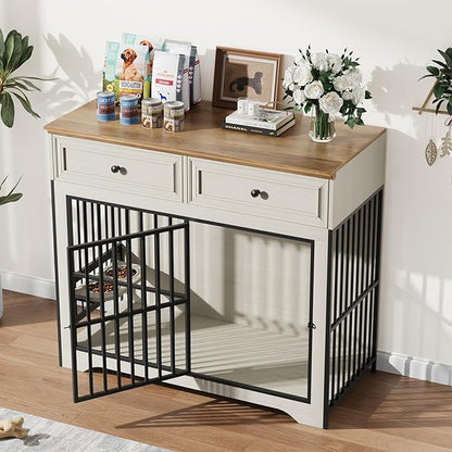 QUW 42" Modern Dog Crate Furniture, Wooden Dog Kennel for Medium to Large with 360° Rotating & 3-Levels Adjustable Height Dogs Bowl Holder, Decorative Dogs cage Pet House Indoor, Antique White