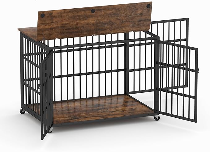 Aoowow Dog Crate Furniture for Small Medium Dogs, 43.3" Dog Kennel Indoor End Table with Side Doors, Iron Heavy Duty Dog Cage with Wheels, Rustic Brown