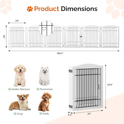 Bonnlo Freestanding Dog Gate, Pet Gate with 6 Panel Walk Through Door, Foldable Dog Safety Fence for Stairs Doorways Fireplace Up to 146'' Wide (White, 30" H-6 Panels with Door)