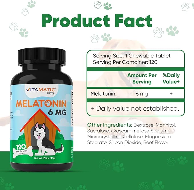 Vitamatic Melatonin for Dogs – 6 mg – 120 Chewable Tablets (Pack of 3) Beef Flavored – Natural Calming Aid for Dogs – Non-Habit Forming – Stress & Sleep Support