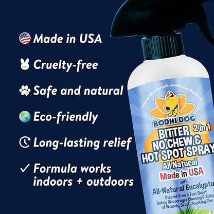 Bodhi Dog Bitter 2-in-1 No Chew & Hot Spot Spray - Natural Anti-Chew Remedy Better Than Bitter Apple - Soothes Hot Spots, Deters Chewing - Safe for Skin, Wounds & Furniture- Made in USA (17 Fl Oz)