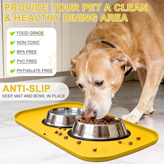 Smilool Silicone Pet Food Mat with Raised Edge for Food and Water Bowl, Dog Feeding Mats, Cat Food Trays for Floor Waterproof, Rubber Tray for Dogs and Cats, 24 x 16 x 0.8 Vivid Yellow