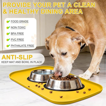 Smilool Silicone Pet Food Mat with Raised Edge for Food and Water Bowl, Dog Feeding Mats, Cat Food Trays for Floor Waterproof, Rubber Tray for Dogs and Cats, 24 x 16 x 0.8 Vivid Yellow
