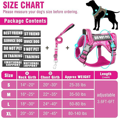 Tactical Service Dog Vest and Leash Set,Heavy Duty No Pull Dog Harness and 10 Patches with Dog Seat Belt for Medium Dogs,Reflective Pet Harness for Training Walking Hiking Camo Pink M