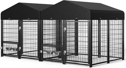 2PCS Dog Kennel Outdoor, Outside Dog Kennel with Roof & Swivel Feeders/Removable Doggy Door Allow Connecting Your Dog House, Heavy Duty Dog Run Pen Yard for Medium/Large Dogs (5'Lx5'Wx5'H)