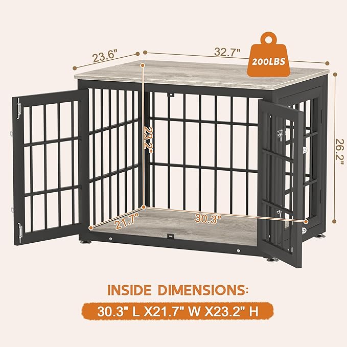 rehomerance 32 Inch Heavy Duty Dog Crate Furniture for Medium and Small Dogs, Decorative Pet House End Table, Wooden Cage Kennel Furniture Indoor, Grey