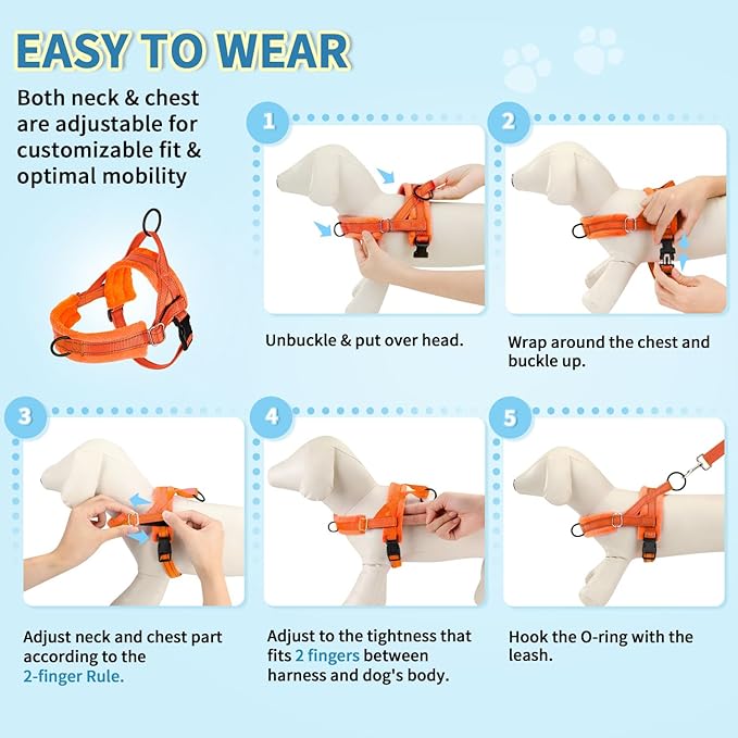 Lukovee No Pull Dog Harness and Leash Set, Soft Padded Small Dog Harness, Neck & Chest Adjustable Reflective Vest Puppy Harness with 4ft Lightweight Anti-Twist Dog Leash for Small Dogs (Orange, S)