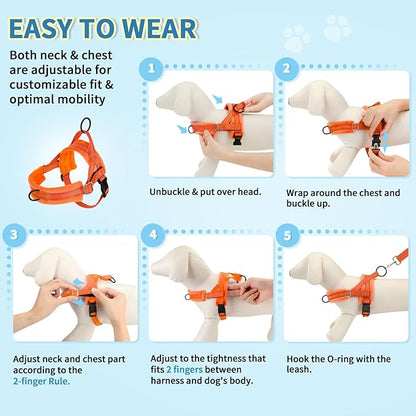 Lukovee No Pull Dog Harness and Leash Set, Soft Padded Small Dog Harness, Neck & Chest Adjustable Reflective Vest Puppy Harness with 4ft Lightweight Anti-Twist Dog Leash for Small Dogs (Orange, S)