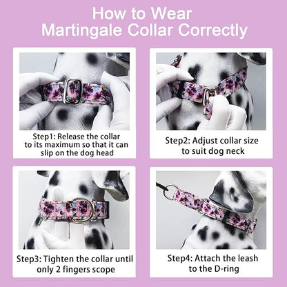 Reflective Martingale Collar for Dogs Nylon Training Collar with No Buckle Cute Floral No Pull Dog Collar for Large Dogs（Purple Flower，L）