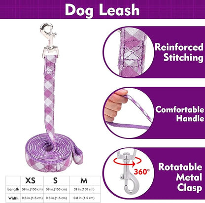 EXPAWLORER Cute Dog Harness Collar Leash Set - Purple Girl Dog Harness Checkered Step-in Design, Detachable Bow Pet Collar, Adjustable No-Choke Lightweight Mesh Vest for Small Medium Dogs, M