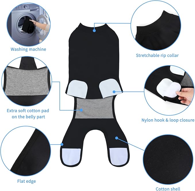 2 Packs Breathable Cotton Dog Recovery Suit for After Neuter Spay Abdominal Wounds Protector, Professional Anti-Licking Onesies for Male Female Pets Surgery Bandages, XL Black Grey Pure
