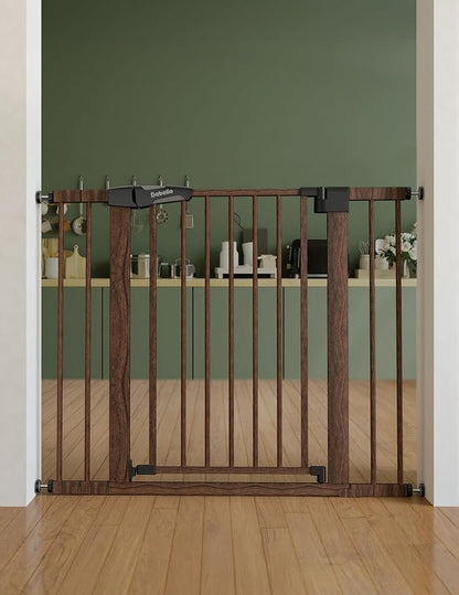 Mom's Choice Award Winner-Babelio 26-40" Metal Baby Gate with Black Wood Pattern, PressGuard C5 Easy Install Pressure Mounted Dog Gate for Stairs and Doorways, with Wall Protectors and Extension Kits