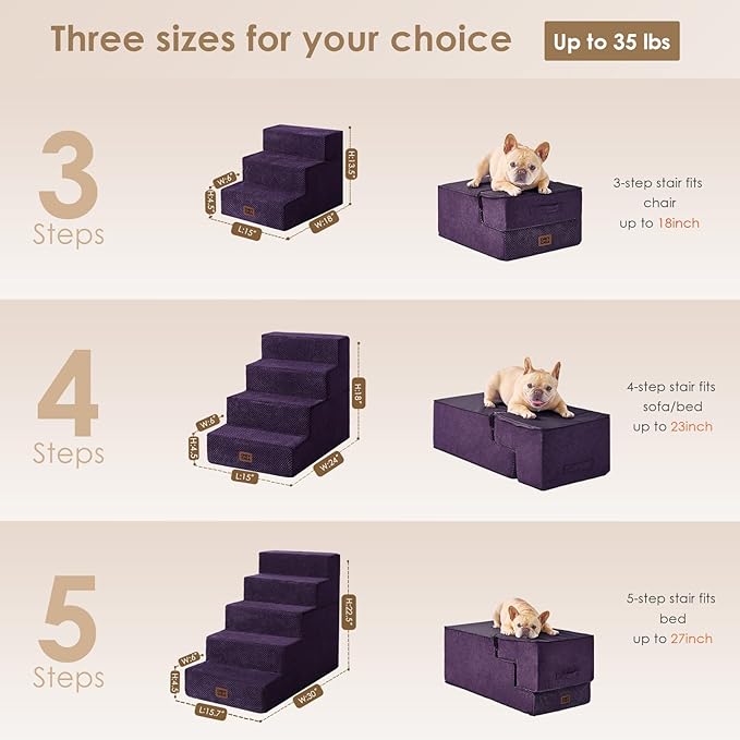 EHEYCIGA Dog Stairs for High Bed 22.5" H, 5-Step Dog Steps for Bed, Pet Steps for Small Dogs and Cats, Non-Slip Balanced Pet Ramp Indoor, Purple