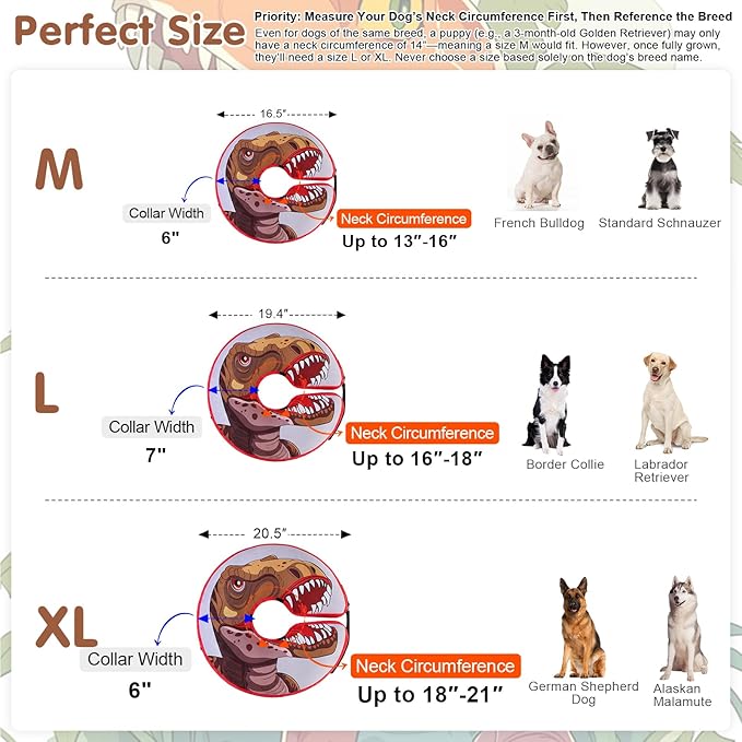 BEAUTYZOO Dog Cone Alternative After Surgery for Large Medium Small Dogs, Soft Inflatable Cone Collar for Dogs Cats, Pet Neck Donut E Collar Dog Recovery Collars to Stop Licking, Dinosaur, XL