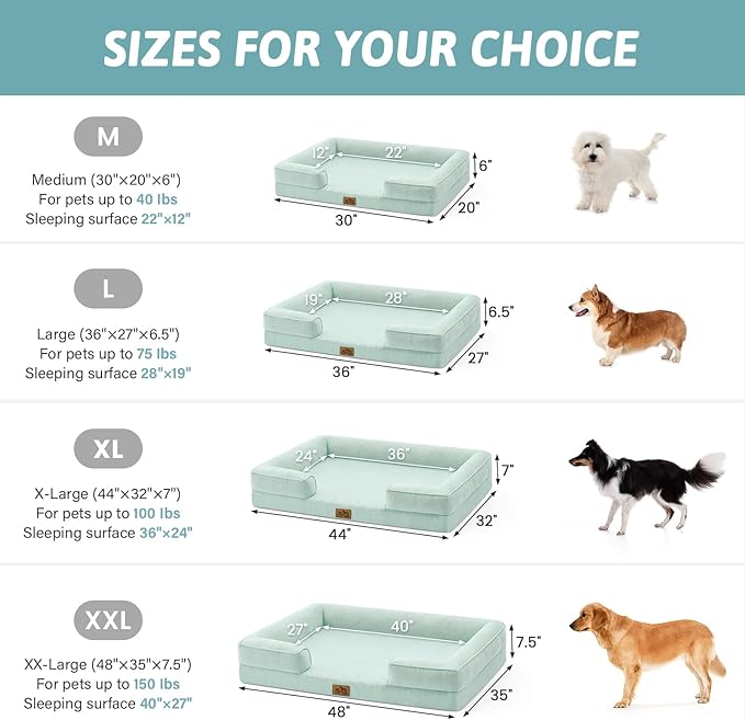 Cooling Dog Bed for Extra Large Dogs, Q-Max >0.4 Summer Cool Orthopedic Foam Pet Sofa Bed with Sides, Bolster Anti-Slip Couch with Washable Removable Cover, XXL 48x35x7.5 inch, Green