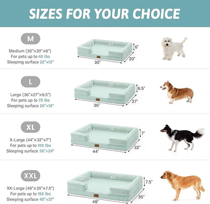 Cooling Dog Bed for Large Medium Size Dogs, Q-Max >0.4 Summer Cool Orthopedic Foam Pet Sofa Bed with Sides, Bolster Anti-Slip Couch with Washable Removable Cover, L 36x27x6.5 inch, Green