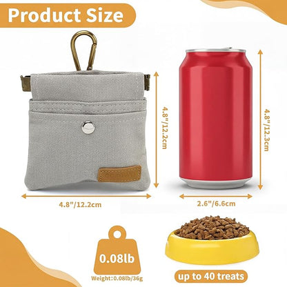 Dog Treat Pouch, Hand Free Dog Training Treat Bag with Carabiner & Magnetic Buckle, Auto Closing Dog Walking Bag for Puppy Travel or Outdoor Use, Pet Feed Snack Reward Pocket, Grey