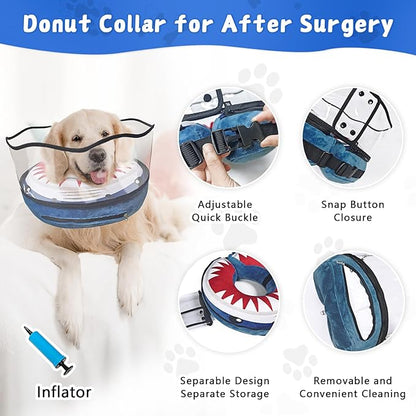 Inflatable Dog Cone Collar Soft Dog Cone Alternative After Surgery to Stop Licking for Large Medium Dogs Recovery Donut Cone Adjustable Neck Collar with Enhanced Anti-Licking Shield,Shark Blue,XL