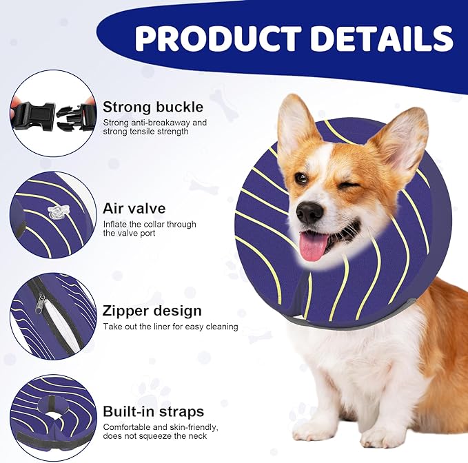 Adjustable Inflatable Dog Cone Collar for Surgery Recovery, Soft Cone for Dogs & Cats, Portable & Washable Dog Donut Collar, Large Cat Cone E Collar (Indigo S)