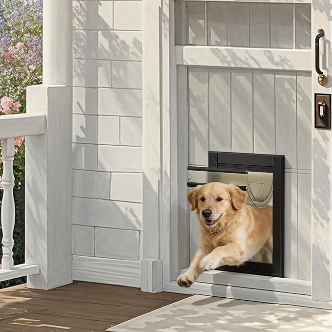 MAVRICFLEX Heavy Duty Dog Door with Double Sliding Lock Panels, Energy Efficient Large Doggie Door, Easy Installation, Two Magnetic Soft Flaps Doggy Door for Large Dogs Up to 100LBS, Black