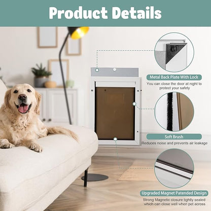 Durable Aluminum Doggy Door - Large, White, Easy to Install for Large Dogs & Pets (Adjustable Thickness, L)