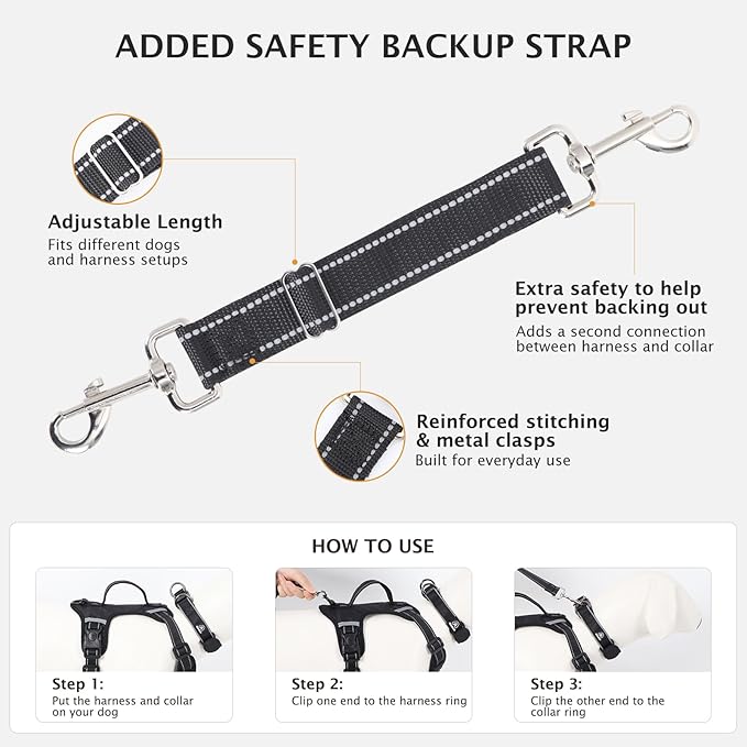 IEUUMLER No Pull Dog Harness, Reflective Front Clip Vest with Leash,Safety Belt and Backup Safety Strap, Adjustable Easy Control Handle,Air Tag Dog Collar for Small Medium Large Dogs EU021 (Black, L)