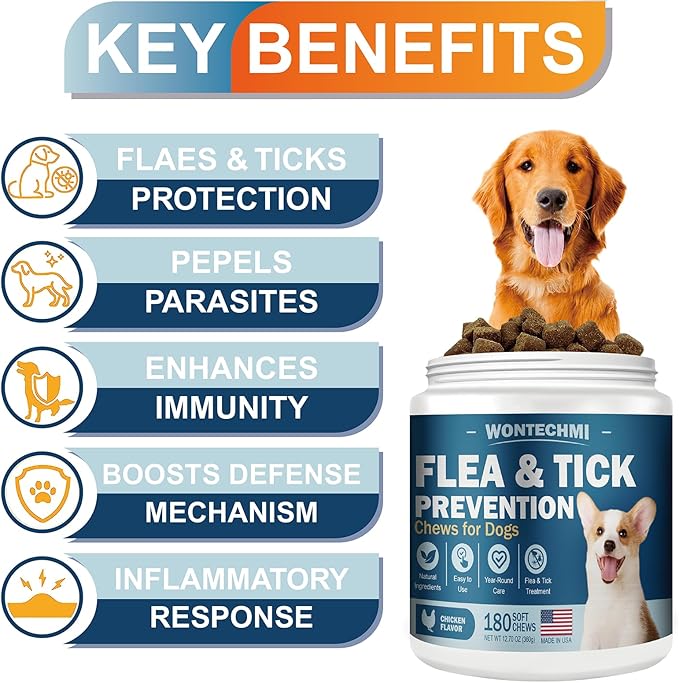 Flea and Tick Prevention for Dogs Chewables, 180 Chews Natural Chews Supplement for Dogs, Oral Dog Flea and Tick Treatment for All Breeds and Ages (180 Chews, Chicken)
