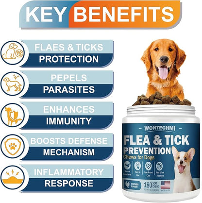 Flea and Tick Prevention for Dogs Chewables, 180 Chews Natural Chews Supplement for Dogs, Oral Dog Flea and Tick Treatment for All Breeds and Ages (180 Chews, Chicken)