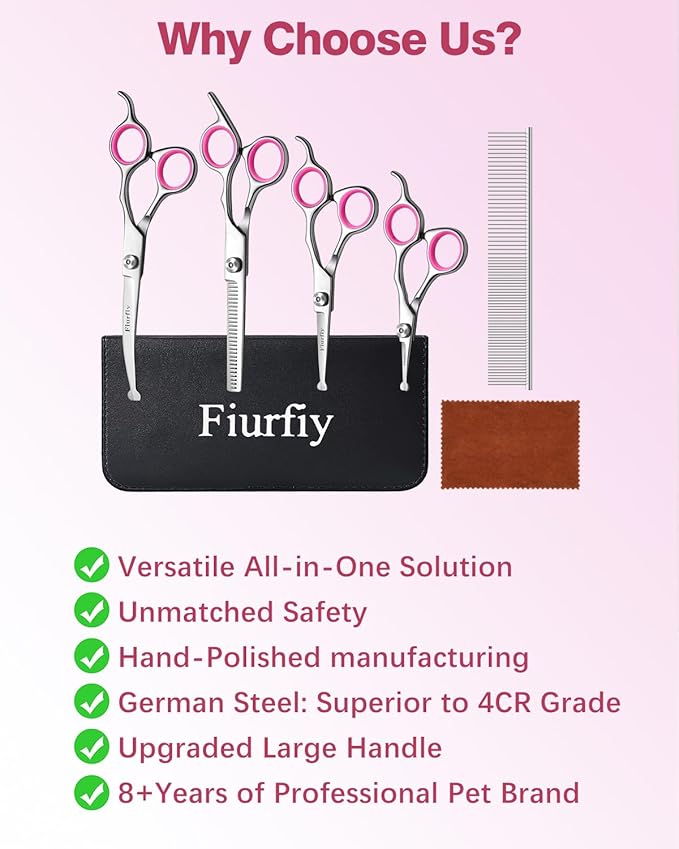 Furry Professional Pet Grooming Scissors with Safety Round Heads - 6 in 1 Curved Scissors for Dogs and Cats