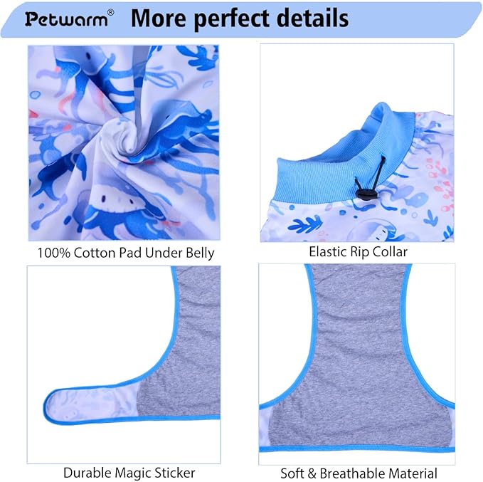 PetWarm Pet Recovery Suit for Female Dogs, Dog Surgery Suit, Cone of Shame Alternatives Bodysuit for Abdominal Affected Areas Sensitive Skin Areas, Dog Bodysuit, Marine Animal Patterns, Blue, XL
