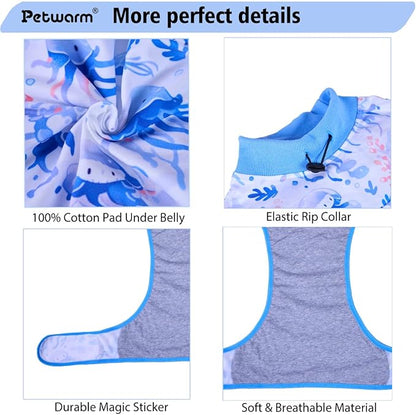 PetWarm Dog Surgery Suit, Cone of Shame Alternatives Bodysuit for Abdominal Affected Areas Sensitive Skin Areas, Anti-Licking Dog Soft, Onesies for Dogs, Marine Animal Patterns, Blue, M