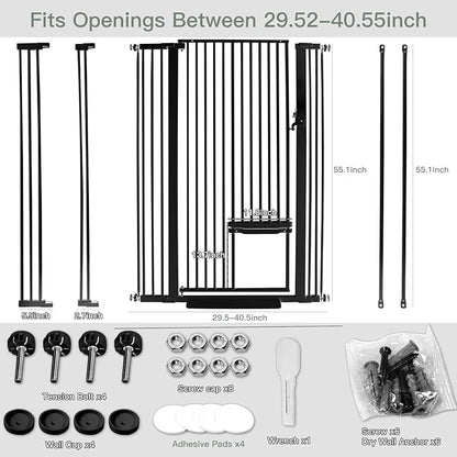 SHYUJAJIE 55 Inch Extra Tall Pet Gate with Small Cat Door, 29.55"-40.55" Adjustable Wide Dog Gate, Tall Cats Gates for Doorway, Stairs, House(Black)